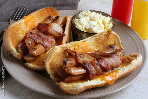 Obraz Bacon wrapped double hot dogs on toasted cheese buns, cooked on my indoor grill, served with potato salad, and ready for toppings