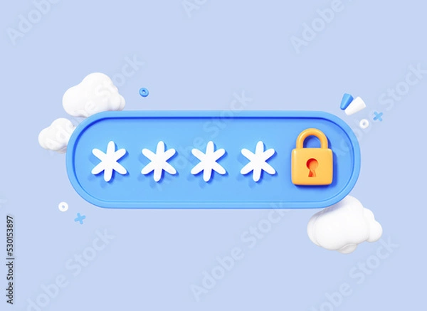 Fototapeta 3D Pin code entry and padlock. Locked password field. Fraud protection. Cybersecurity of data. Privacy concept. Cloud storage. Cartoon creative design icon isolated on blue background. 3D Rendering