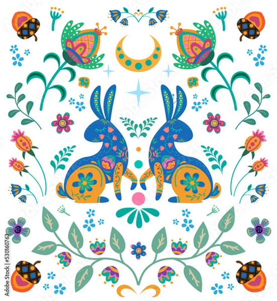 Obraz Rabbits with folk flower elements. Bunny in folk boho style. 