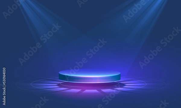 Obraz Podium sceniczne z światłem w cyfrowym stylu futurystycznym na niebieskim tle. Platforma technologiczna do prezentacji produktu. Ilustracja wektorowa Cyberpunk Arena