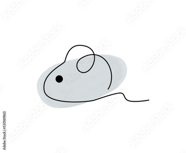 Fototapeta A mouse drawn in one line with abstract spots.  Doodle rat in with gray colors. LineArt digital graphics, an animal drawn with a black outline.  Minimalistic illustration of a cute rodent, clipart