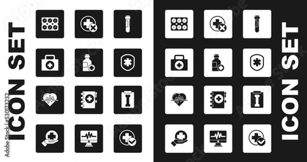 Fototapeta Set Test tube with blood, Bottle of medicine syrup, First aid kit, Pills blister pack, Medical shield cross, Cross hospital medical, X-ray shots and Heart rate icon. Vector