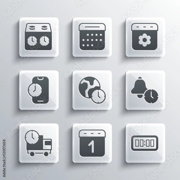 Fototapeta Set Calendar, Digital alarm clock, Alarm, World time, Delivery truck and, app mobile, Time chess and spring icon. Vector