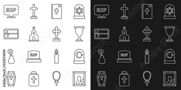 Fototapeta Set line Mourning photo frame, Muslim cemetery, Christian chalice, Holy bible book, Church building, Beat dead monitor, Speech bubble rip death and Grave with cross icon. Vector
