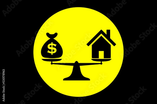 Fototapeta Mortgage. Purchase of property or real estate. Bag of cash and house on scales symbolizing decision process.