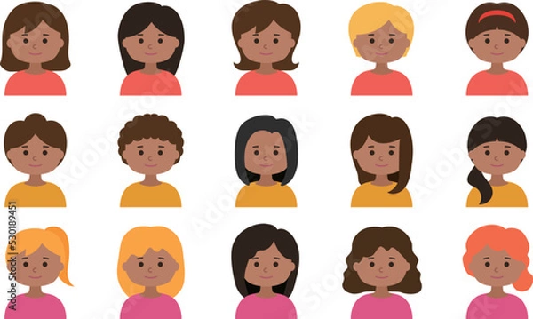 Fototapeta Set of woman cartoon icon faces. Vector illustration isolated on transparent background.