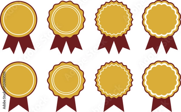 Fototapeta Set of gold product stickers with ribbon signs and border. Vector illustration isolated on transparent background.