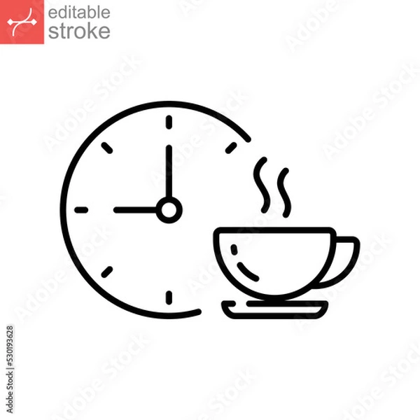 Obraz Coffee time icon, tea time. Hot coffee cup and time symbol for take a break or short rest period. Morning breakfast beverage. Editable stroke vector illustration. Design on white background. EPS 10