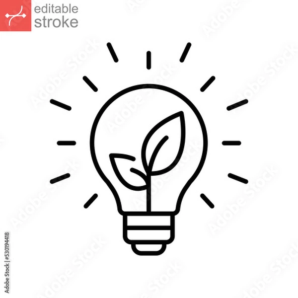 Obraz Sustainable ecological energy icon. Shining electric ecology light bulb with leaf inside. Go green lamp tube silhouette. Editable stroke. Line vector illustration. Design on white background. EPS 10