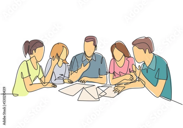 Fototapeta One single line drawing of young startup founders brainstorming innovation ideas in a meeting at the office. Business presentation concept continuous line draw design vector graphic illustration