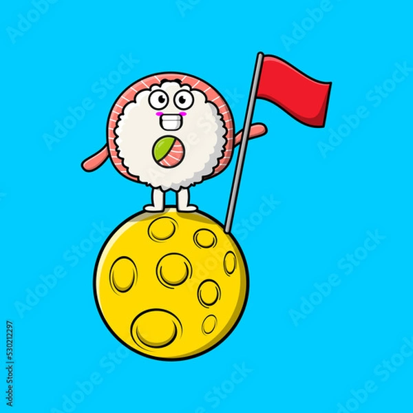 Fototapeta Cute cartoon Sushi character standing on the moon with flag in flat modern design