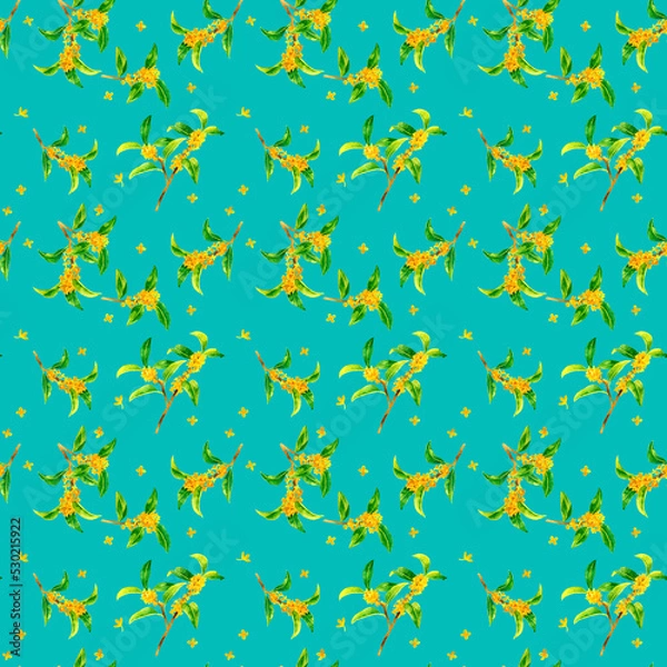 Fototapeta 金木犀（キンモクセイ）のパターン　手描き水彩イラストの花柄テキスタイル