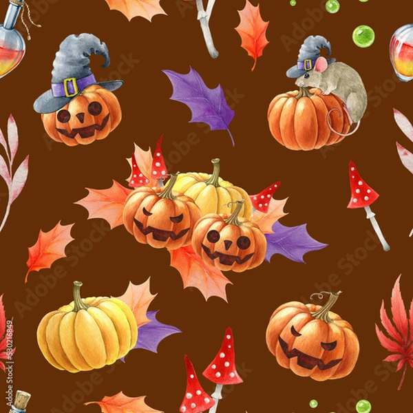 Fototapeta Halloween elements spooky and funny seamless pattern. Watercolor illustration. Hand drawn halloween scary elements, pumpkins, witchcraft, witch hat, toadstools. Dark background