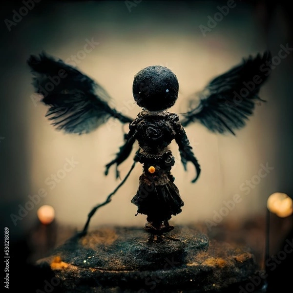 Fototapeta Flying puppet doll with wings and strings. Digital rendered figured. Mystical. Dark. Fantasy. Bright background.