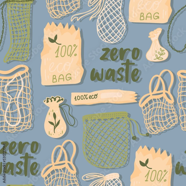 Fototapeta Mesh or mesh shopping bags for eco friendly living vector seamless pattern. Fashion buyer of the Vegan Zero Waste concept. Colorful hand drawn vector illustration for banner, postcard, poster. 