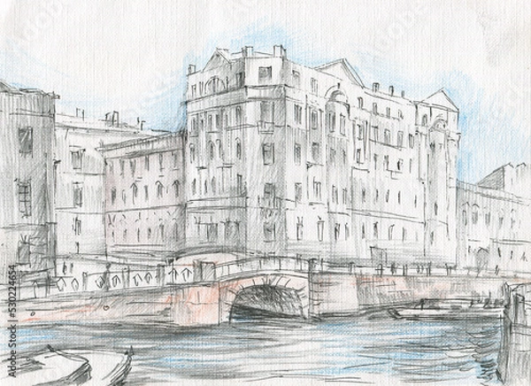 Fototapeta houses on the canal in st petersburg sketch