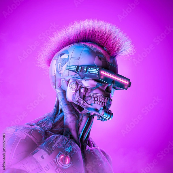 Fototapeta Cyberpunk robot criminal hacker - 3D illustration of science fiction skull faced cyborg with mohawk hair