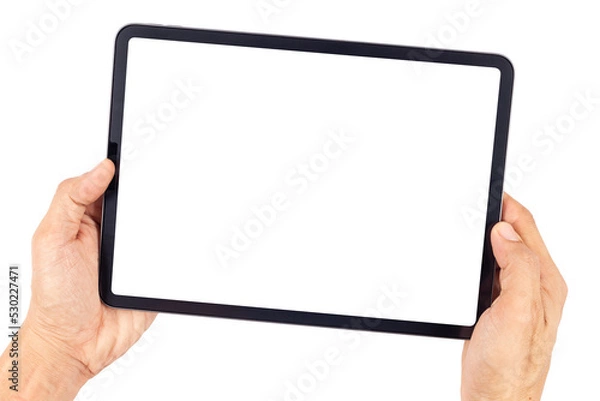 Obraz Hand man holding tablet with mockup blank screen isolated on white background with clipping path
