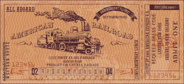 Fototapeta vector image of old vintage american western rail train ticket	