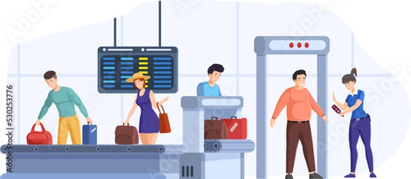 Fototapeta Passengers passing through scanner checkpoint gate at airport. People putting luggage on conveyor belt. Woman in uniform using body scanner to detect dangerous objects.