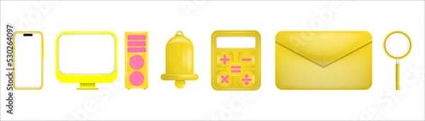 Fototapeta 3d icon vector set as bell, dekstop, smartphone, mail, calculator, and magnifying glass