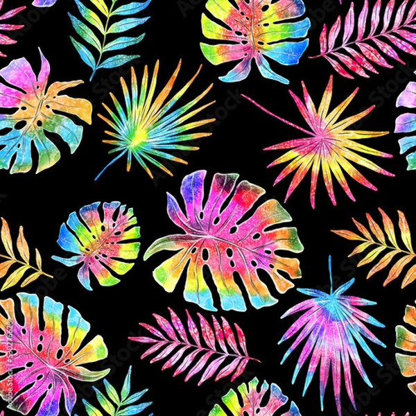 Fototapeta Watercolor seamless pattern with colorful abstract tropical leaves. Bright summer print with exotic plants. Creative trendy botanical textile design.	