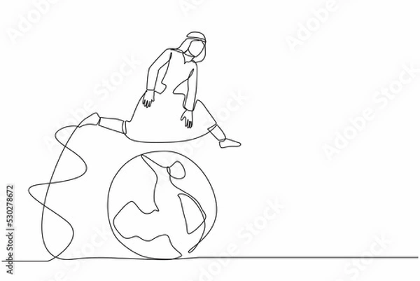 Fototapeta Continuous one line drawing Arab businessman jumping over globe. Globalization summit. Leadership meeting forum. International partnership, cooperation. Single line design vector graphic illustration