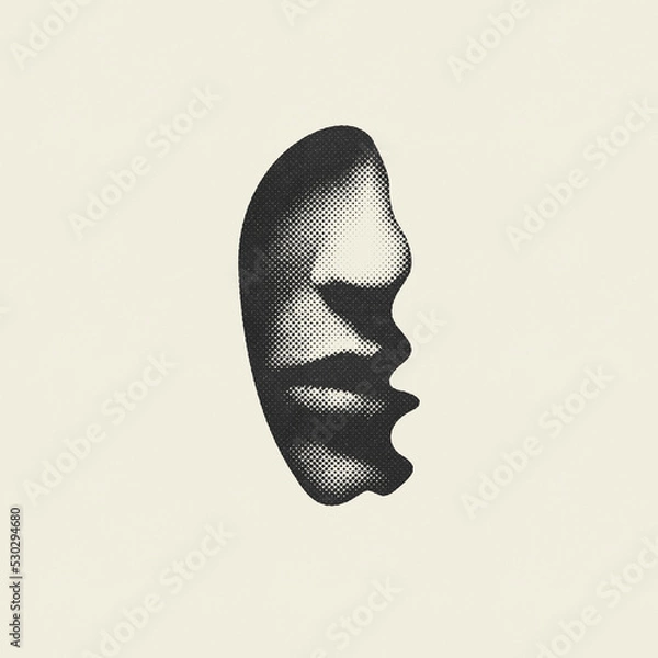 Obraz Beauty, horror and mystic illustration. Woman portrait with partly visible face in framed in waved geometric shape frame. Grunge halftone toned with beige color pattern applied. Beige background