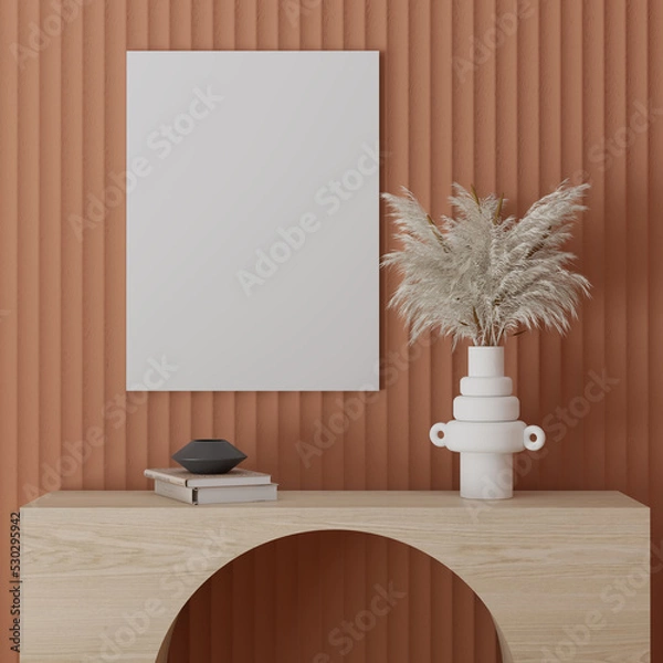 Fototapeta Modern cozy interior with mock up poster frame , decorative items, wooden furniture, 3d rendering