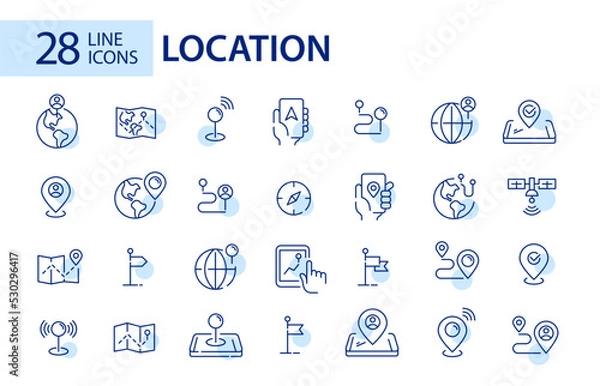 Obraz 28 line art location icons. Map pointers, navigation and sharing position. Pixel perfect, editable stroke