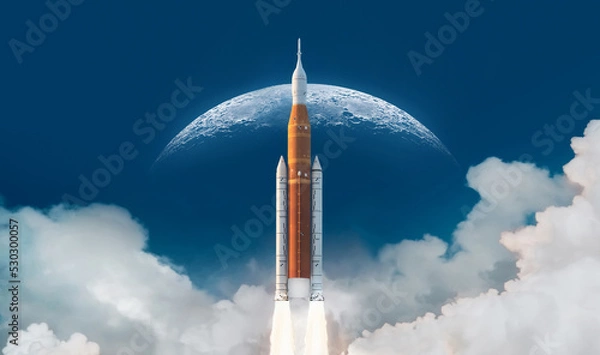 Fototapeta SLS space rocket in sky with clouds. Mission to Moon. Spaceship launch from Earth. Orion spacecraft. Artemis space program to research solar system. Elements of this image furnished by NASA