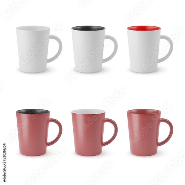Fototapeta Illustration of Six Realistic Empty Ceramic Tea Mug on a White Background. Mockup with Shadow Effect, and Copy Space for Your Design. For Web Design, and Printing