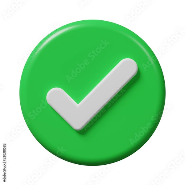 Fototapeta Green check, correct, like mark in a circle icon isolated on white background. Approved, pass, permission, checklist, poll vote, confirm sign on business agreement contact symbol concept. 3d rendering