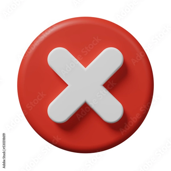 Fototapeta Red cancelled X cross mark sign delete or remove button icon in a circle isolated on white background. Wrong error, ban, failed, false verification, incorrect, negative symbol concept. 3d rendering