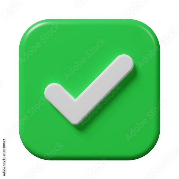 Fototapeta Green check, correct, like mark in a square icon isolated on white background. Approved, pass, permission, checklist, poll vote, confirm sign on business agreement contact symbol concept. 3d rendering