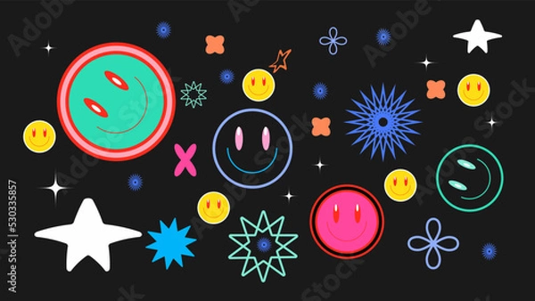 Obraz Happy smile faces seamless pattern in trendy funky y2k style. Colorful circle stickers, character icons endless background. Vector illustration in 90s graphic for fabric, print, textile, presentation.