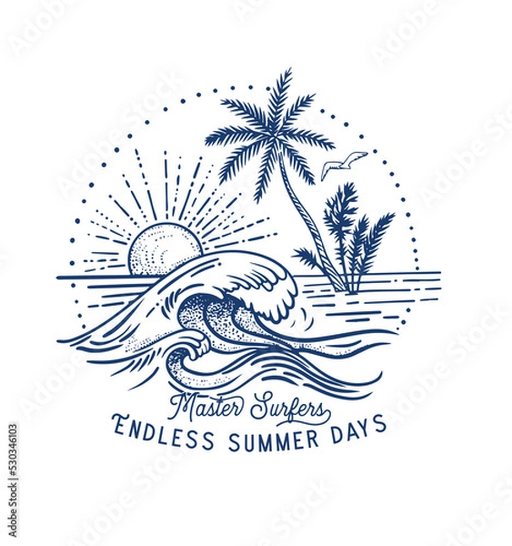 Fototapeta Palms, beach, big waves and sun simple minimal illustration with Big Wave . vector illustration for t-shirt and other uses.