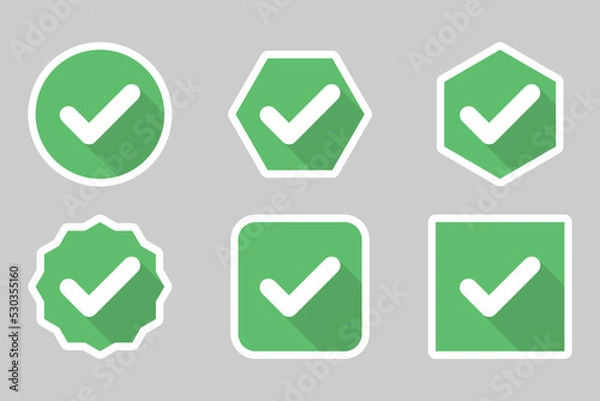 Fototapeta Check marks Icon Set, Tick marks, Accepted, Approved, Yes, Correct, Ok, Right Choices, Task Completion, Voting. - vector mark symbols in green. White stroke design.