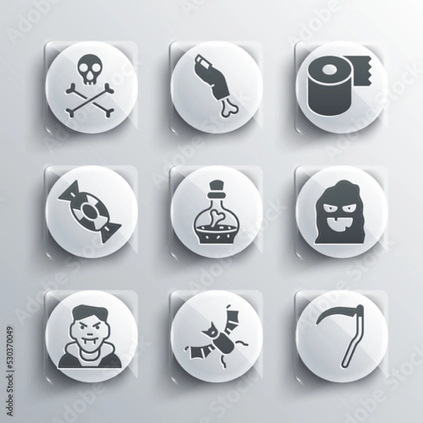Fototapeta Set Flying bat, Scythe, Funny and scary ghost mask, Bottle with potion, Vampire, Candy, Skull crossbones and Toilet paper roll icon. Vector
