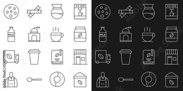 Fototapeta Set line Bag of coffee beans, Coffee shop, jar bottle, Pour over maker, Manual grinder, Bottle with milk, Cookie or biscuit and cup icon. Vector