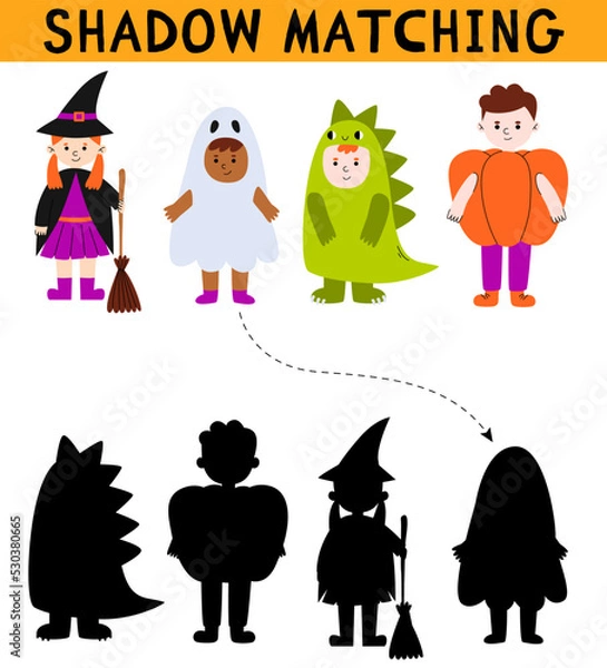 Obraz Cute kids in halloween costume shadow matching activity for children. Simple educational game for kids with leaves. Find the correct silhouette printable worksheet.