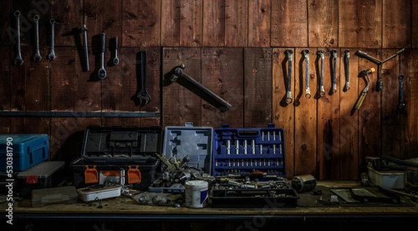 Fototapeta Workshop scene. Old tools hanging on wall in workshop, Tool shelf against a table and wall, vintage garage style
