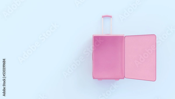Fototapeta Open empty pink suitcase luggage bag on blue background. Travel concept mockup with copy space. Top view.