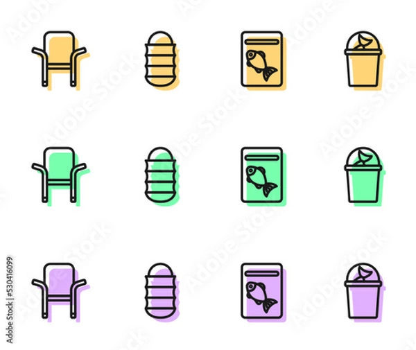 Fototapeta Set line Served fish on plate, Camping folding chair, Fishing net and bucket with icon. Vector