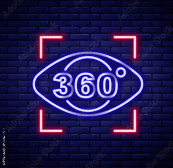 Fototapeta Glowing neon line 360 degree view icon isolated on brick wall background. Virtual reality. Angle 360 degree camera. Panorama photo. Colorful outline concept. Vector