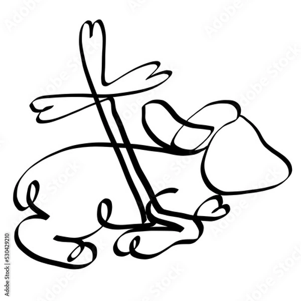 Fototapeta humble lamb with cross and heart, abstract creative symbol with one black line