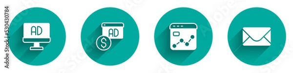 Fototapeta Set Advertising, Market analysis and Mail and e-mail icon with long shadow. Vector