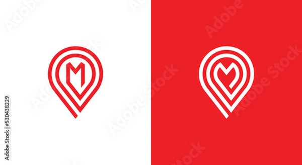 Fototapeta Initial Letter M Pin Location Logo Concept symbol sign icon Element Design Line Art Style. Pinpoint, Locate, Place, Marker Logotype. Vector illustration template