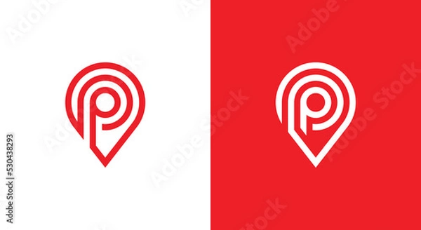 Fototapeta Initial Letter P Pin Location Logo Concept symbol sign icon Element Design Line Art Style. Pinpoint, Locate, Place, Marker Logotype. Vector illustration template