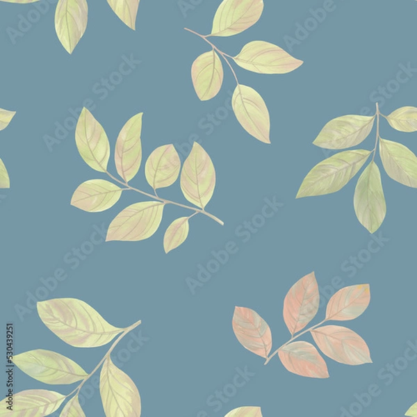 Fototapeta Abstract leaves with branches, seamless botanical pattern. watercolor leaves collected in an ornament for design, baking and wallpaper.